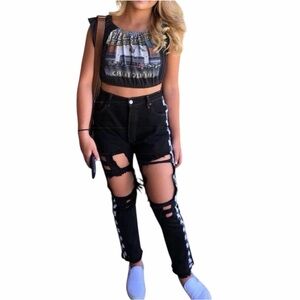 American Vintage Levi’s Black Ripped Jeans with Checkered Side Stripes Size 27